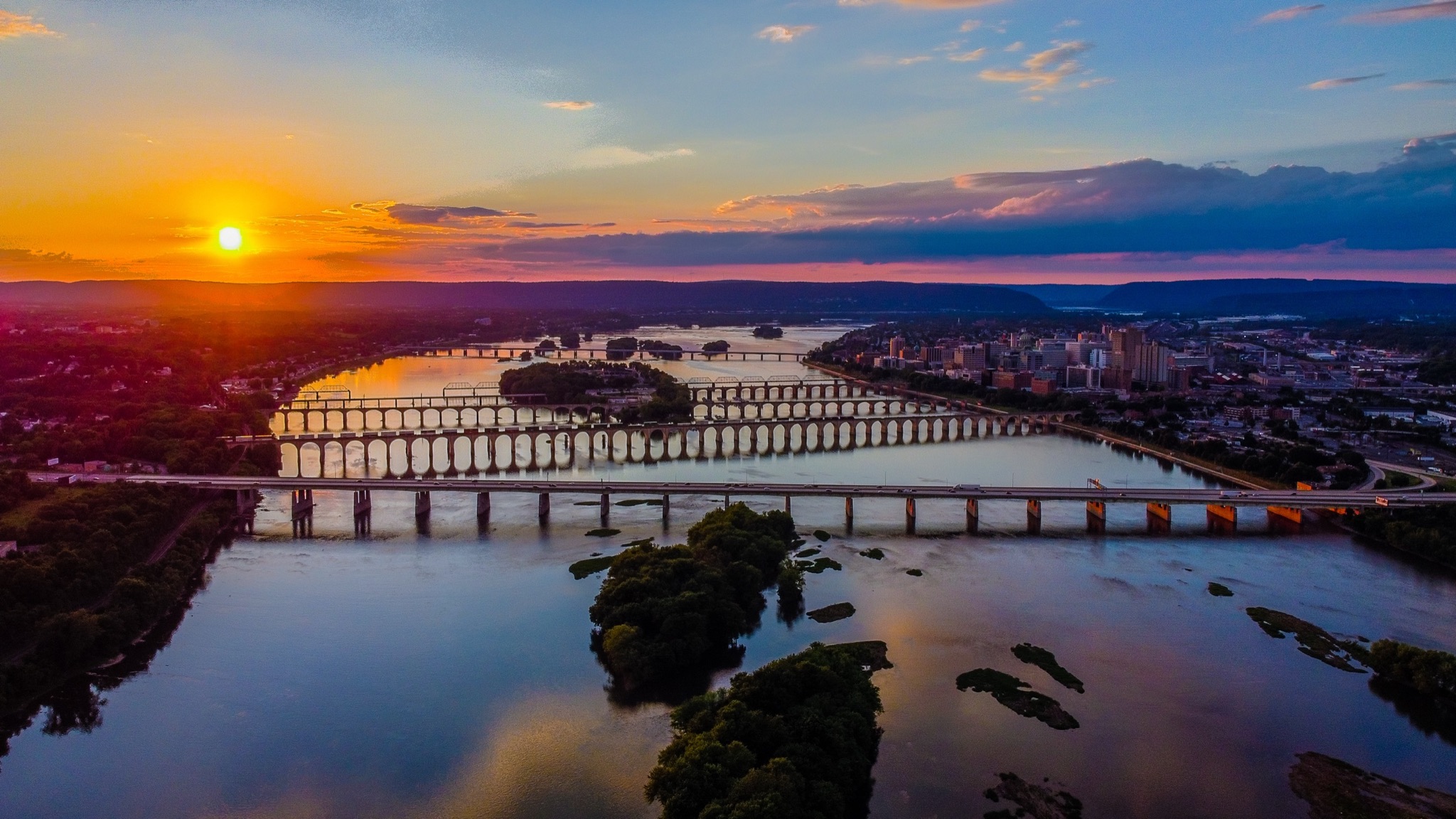 Aerial drone photograph of the Harrisburg, Pennsylvania skyline at sunset